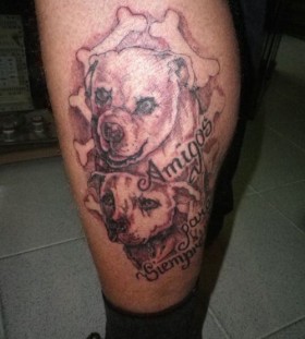 Amigos, bones and dog tattoo on leg