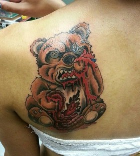 Angry brown bear tattoo on shoulder with blood