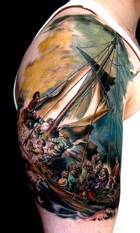 Awesome peoples and ship tattoo on arm