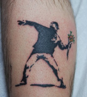 Bansky guy throwing flowers tattoo