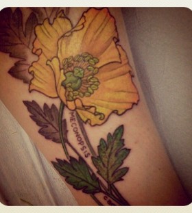 Beautiful yellow poppy tattoo on leg
