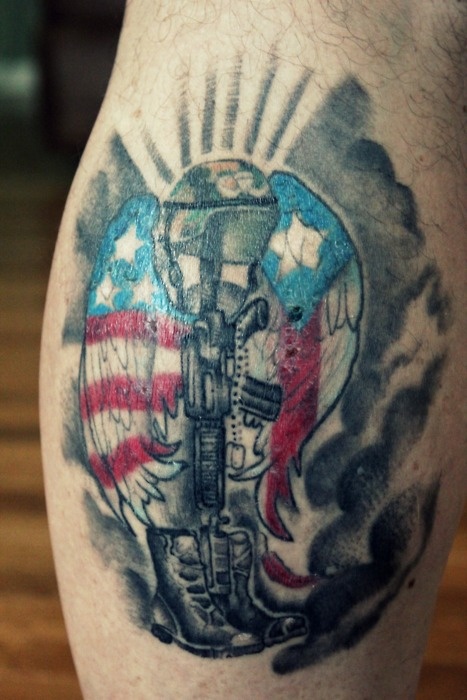 Black american style soldier tattoo on arm