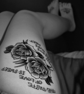 Black and white girl rose tattoo on leg