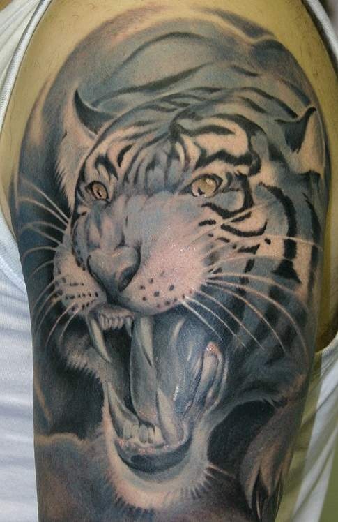 Black angry tiger tattoo on arm