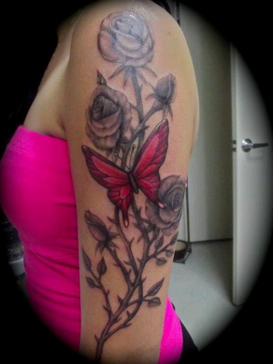 Black cute rose and red butterfly tattooo
