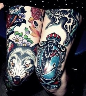 Black girl wolf tattoo on leg