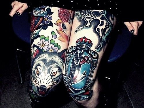 Black girl wolf tattoo on leg