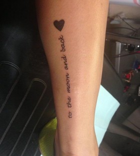 Black lovely heart and quote tattoo on leg