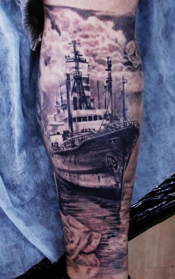 Black lovely ship tattoo on arm
