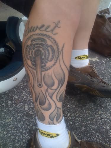 Black pretty bicycle tattoo on leg