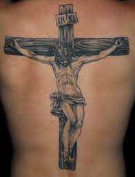 Black religious back cross tattoo