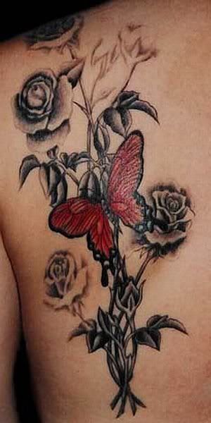 Black rose and red butterfly tattooo