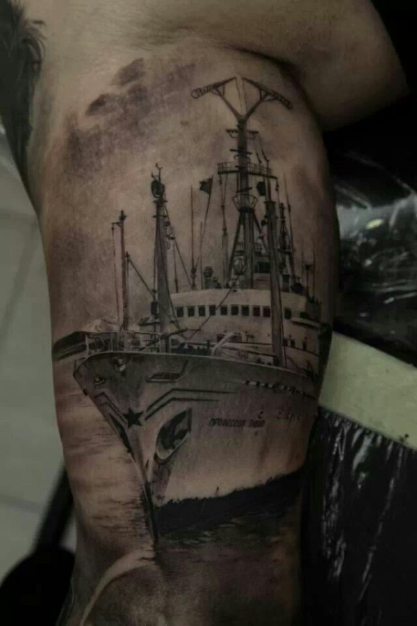 Black ship tattoo by Dimitry Samohin