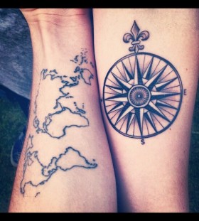 Black simple compass and map tattoo on arm