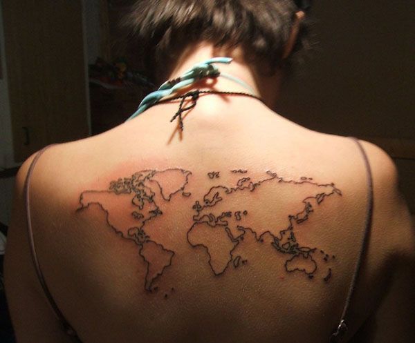 Black simple map tattoo on back