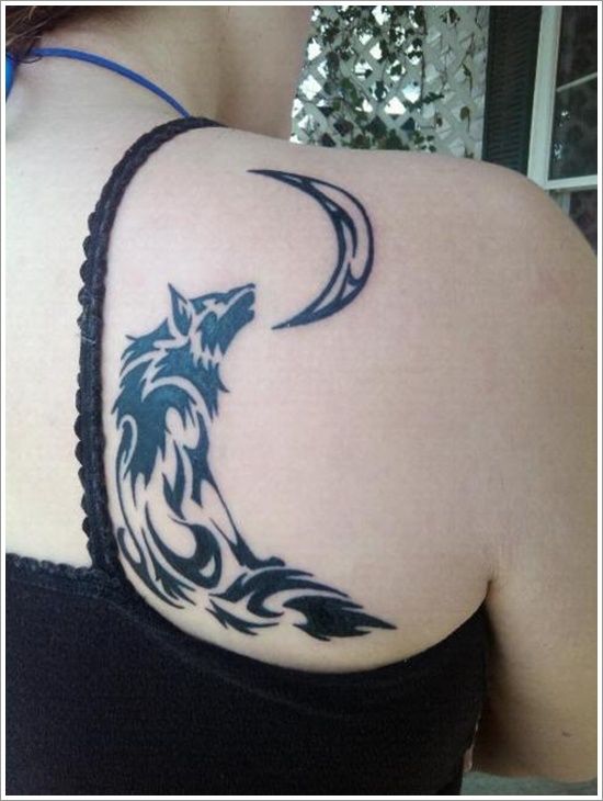 Black wolf and black back moon tattoo