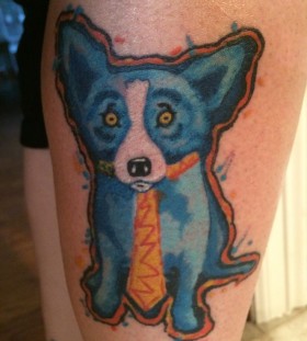 Blue funny dog tattoo on leg