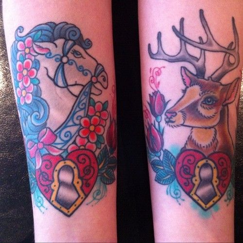 Brown deer and horse tattoo on arm