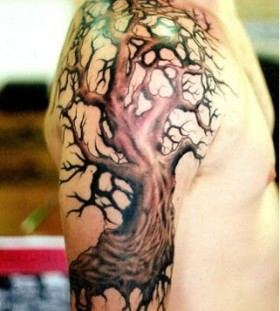 Brown men's tree tattoo on shoulder