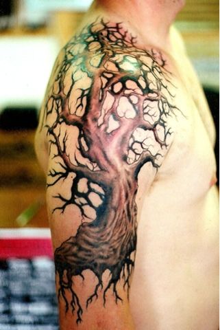 Brown men’s tree tattoo on shoulder