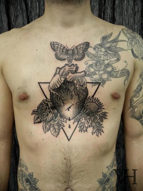 Butterfly and adorable flower tattoo on chest