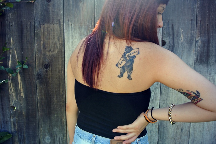 California style bear tattoo on shoulder