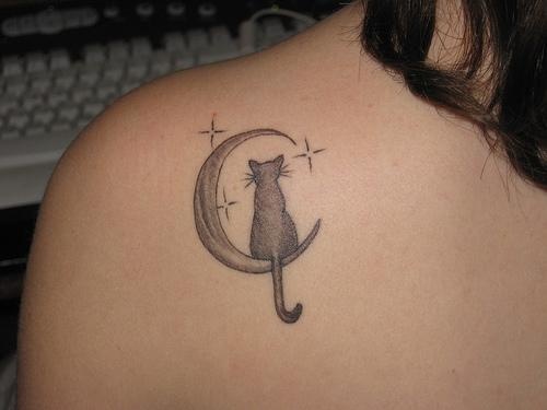 Cat and stars back moon tattoo