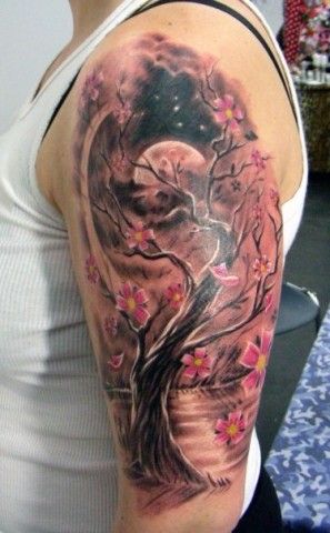 Cherry blossom tree tattoo on shoulder