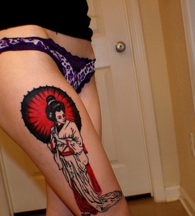China style women face tattoo on leg