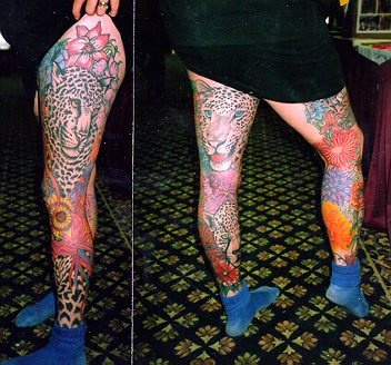 Colorful girl tiger tattoo on leg