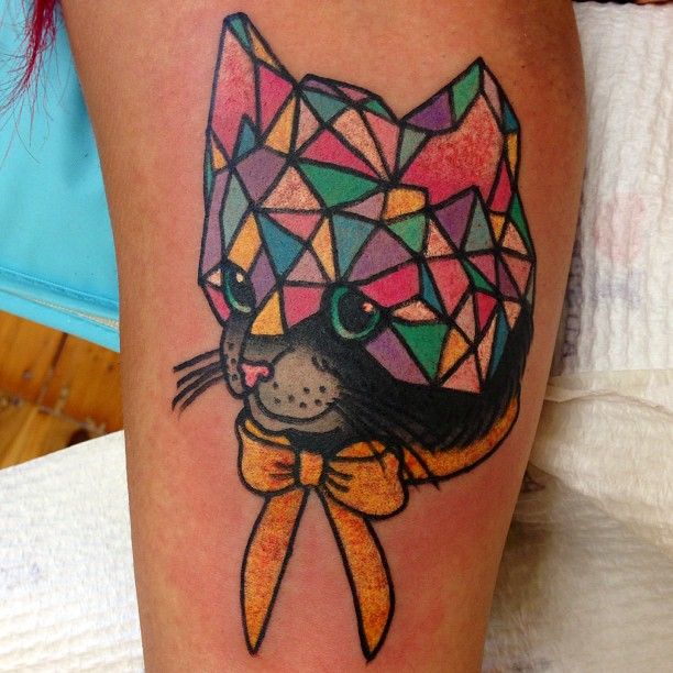 Colorful kitty crystal tattoo on leg