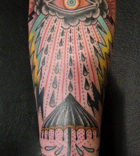Colorful red eye tattoo on arm