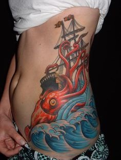 Colorful tattoo octopus attacking ship