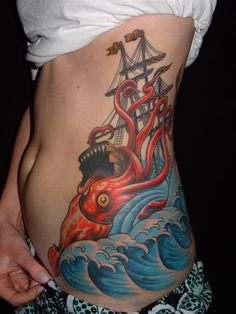 Colorful tattoo octopus attacking ship