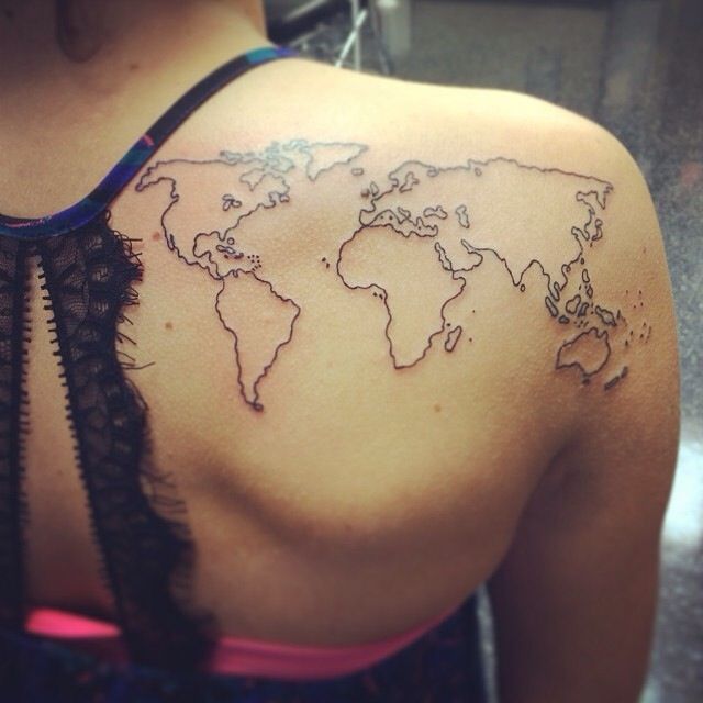 Conturus of black map tattoo on back