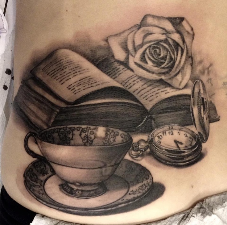 Cup, rose and back book tattoo