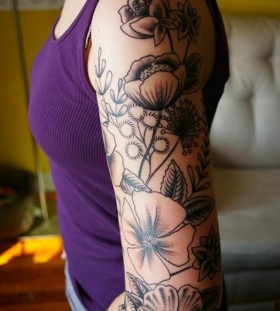 Cute flowers black shoulder tattoo