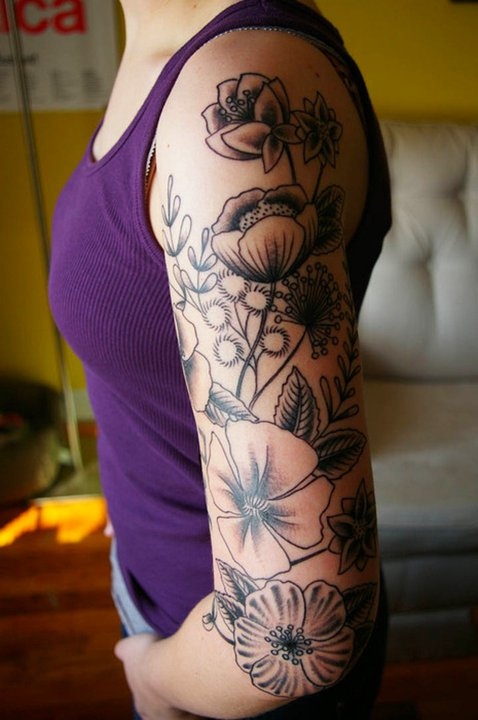 Cute flowers black shoulder tattoo