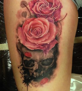 Cute pink rose tattoo on leg
