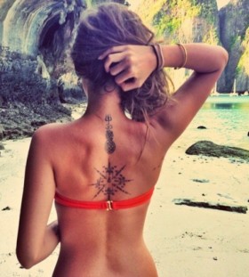 Cute women's back moon tattoo