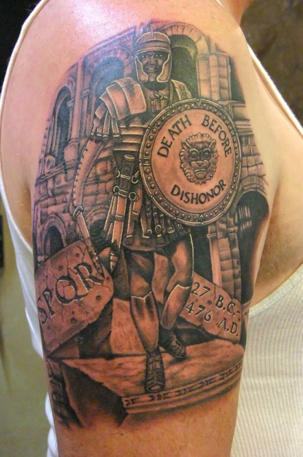 Death before soldier tattoo on arm