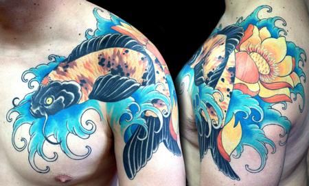 Dragon blue fish tattoo on arm, Fishes tattoos on shoulders.