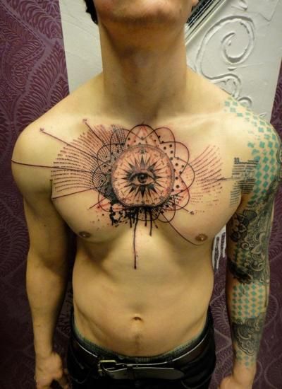 Eye on men’s chest tattoo by Xoil