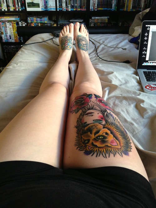 Funny women lion tattoo on leg - | TattooMagz › Tattoo Designs / Ink