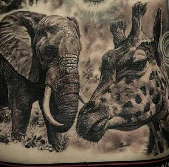 GIraffe and elephant tattoo by Dimitry Samohin
