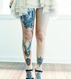 Girl dress and rose tattoo on leg
