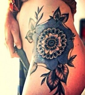 Girl hip blue flowers tattoos