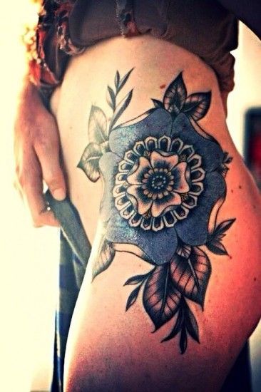 Girl hip blue flowers tattoos