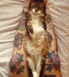 Gorgeous cat and rose tattoo on leg