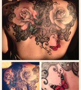 Gorgeous roses, lace and butterfly tattoo on shoulder